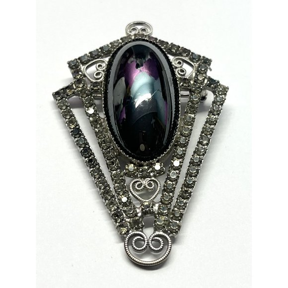 Vintage Hematite Glass Rhinestone Brooch Pin - Picture 2 of 4
